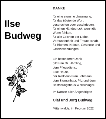 Traueranzeige von Ilse Budweg von Templiner Zeitung