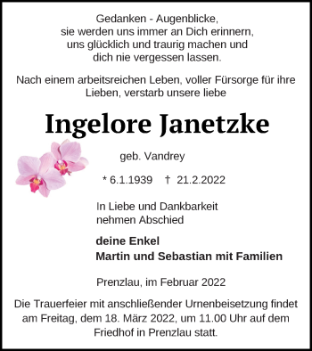 Traueranzeige von Ingelore Janetzke von Prenzlauer Zeitung