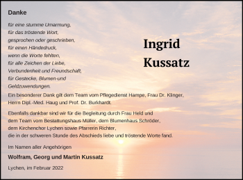 Traueranzeige von Ingrid Kussatz von Templiner Zeitung