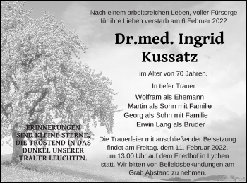 Traueranzeige von Ingrid Kussatz von Prenzlauer Zeitung