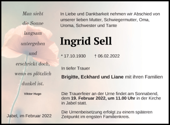 Traueranzeige von Ingrid Sell von Müritz-Zeitung