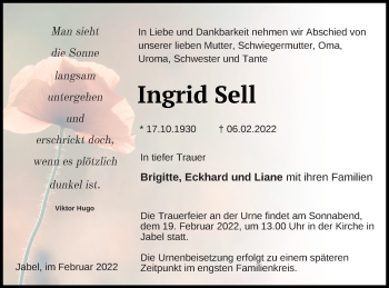 Traueranzeige von Ingrid Sell von Müritz-Zeitung