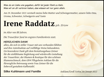 Traueranzeige von Irene Raddatz von Vorpommern Kurier