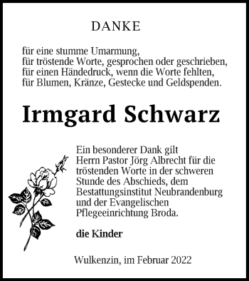 Traueranzeige von Irmgard Schwarz von Neubrandenburger Zeitung