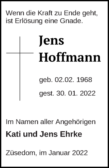 Traueranzeige von Jens Hoffmann von Pasewalker Zeitung