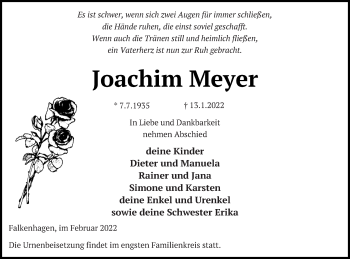 Traueranzeige von Joachim Meyer von Prenzlauer Zeitung