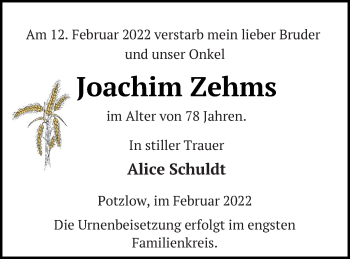 Traueranzeige von Joachim Zehms von Prenzlauer Zeitung