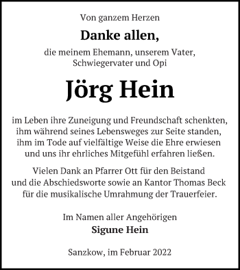 Traueranzeige von Jörg Hein von Demminer Zeitung