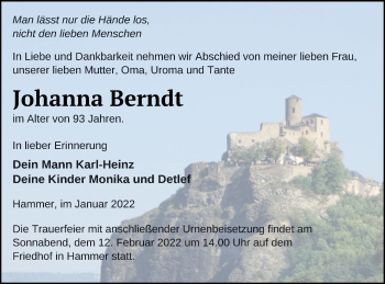 Traueranzeige von Johanna Berndt von Haff-Zeitung