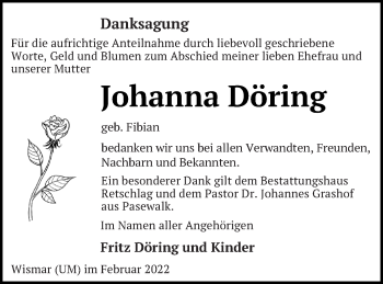 Traueranzeige von Johanna Döring von Pasewalker Zeitung