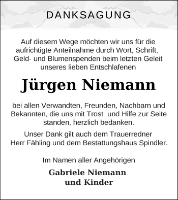 Traueranzeige von Jürgen Niemann von Mecklenburger Schweiz