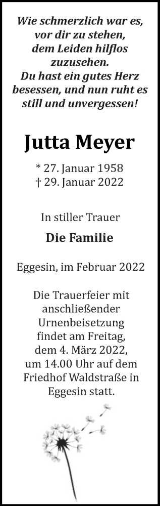 Traueranzeige von Jutta Meyer von Haff-Zeitung