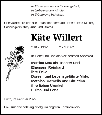 Traueranzeige von Käte Willert von Vorpommern Kurier