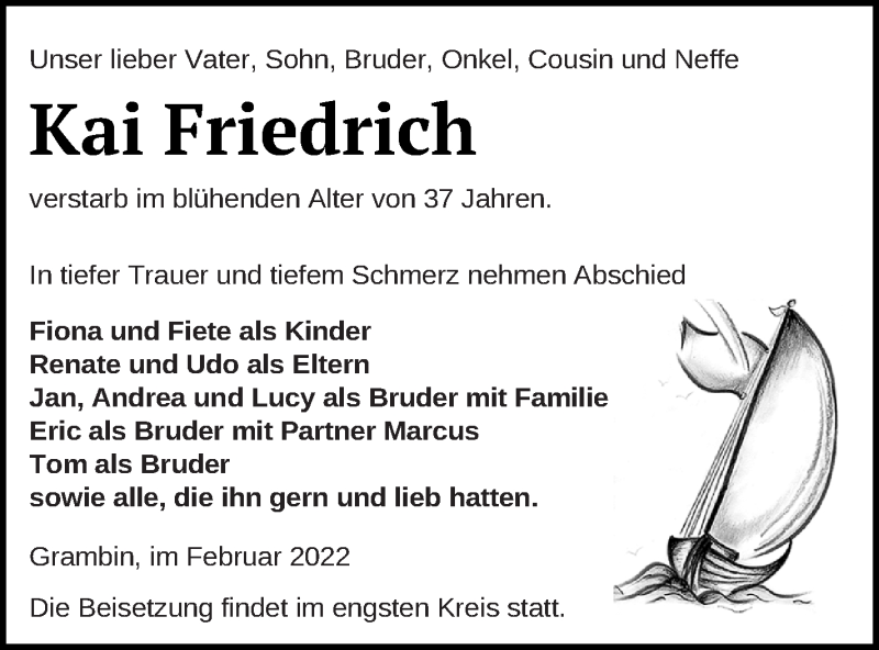  Traueranzeige für Kai Friedrich vom 11.02.2022 aus Haff-Zeitung