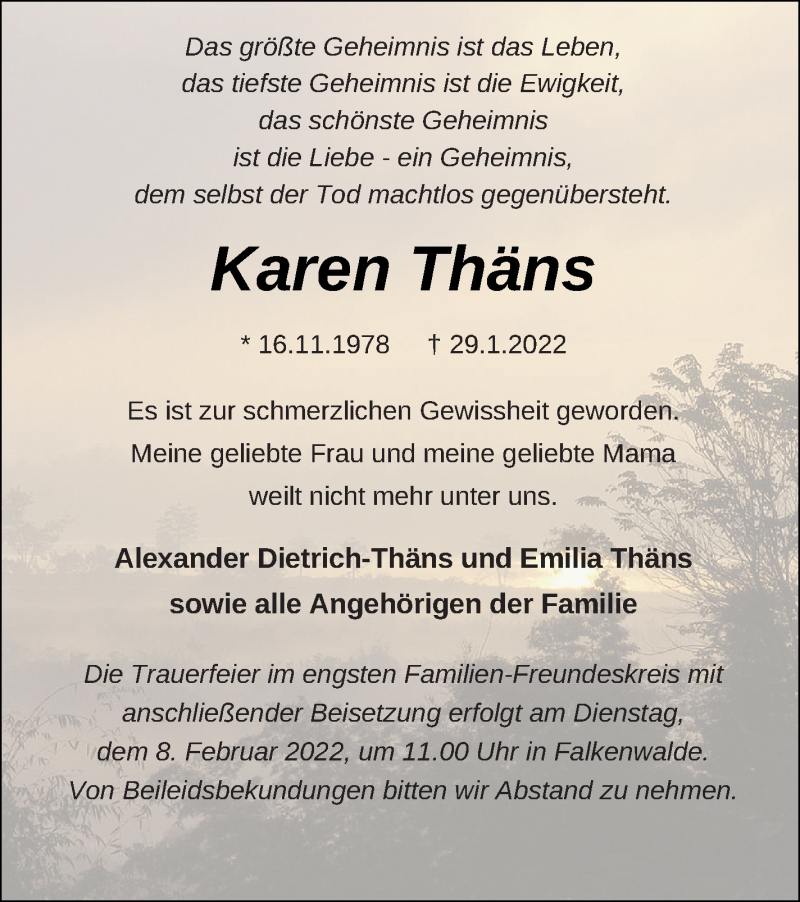  Traueranzeige für Karen Thäns vom 04.02.2022 aus Prenzlauer Zeitung