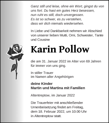 Traueranzeige von Karin Pollow von Neubrandenburger Zeitung