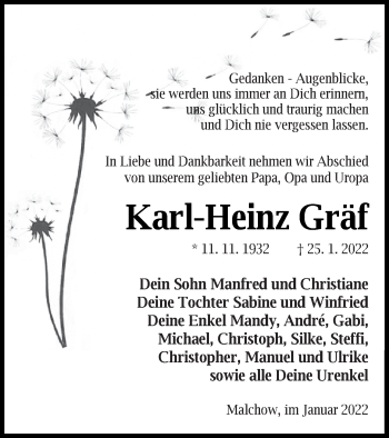 Traueranzeige von Karl-Heinz Gräf von Müritz-Zeitung