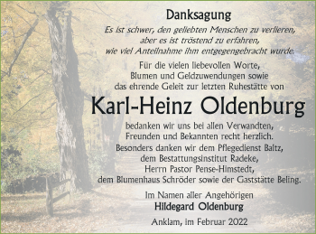 Traueranzeige von Karl-Heinz Oldenburg von Vorpommern Kurier