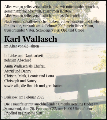 Traueranzeige von Karl Wallasch von Prenzlauer Zeitung