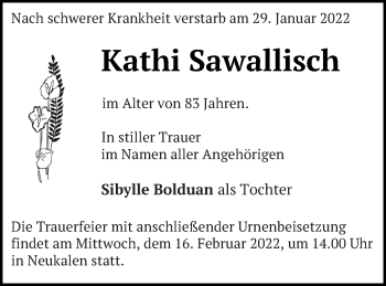 Traueranzeige von Kathi Sawallisch von Mecklenburger Schweiz