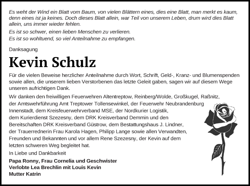  Traueranzeige für Kevin Schulz vom 05.02.2022 aus Neubrandenburger Zeitung