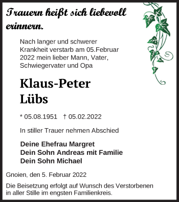 Traueranzeige von Klaus-Peter Lübs von Mecklenburger Schweiz