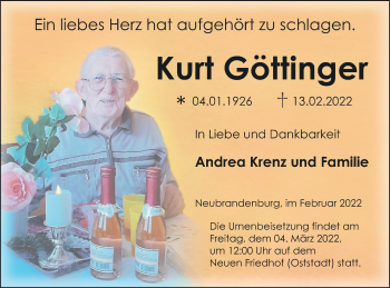 Traueranzeige von Kurt Göttinger von Neubrandenburger Zeitung