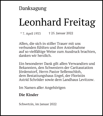 Traueranzeige von Leonhard Freitag von Mecklenburger Schweiz