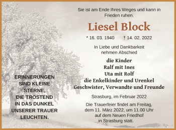 Traueranzeige von Liesel Block von Pasewalker Zeitung