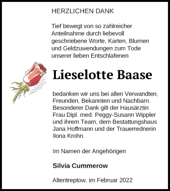 Traueranzeige von Lieselotte Baase von Neubrandenburger Zeitung