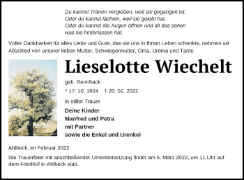 Traueranzeige von Lieselotte Wiechelt von Haff-Zeitung