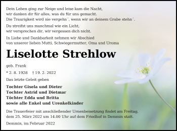 Traueranzeige von Liselotte Strehlow von Demminer Zeitung