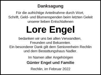 Traueranzeige von Lore Engel von Müritz-Zeitung