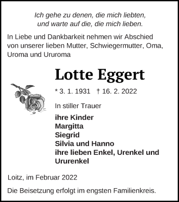 Traueranzeige von Lotte Eggert von Vorpommern Kurier