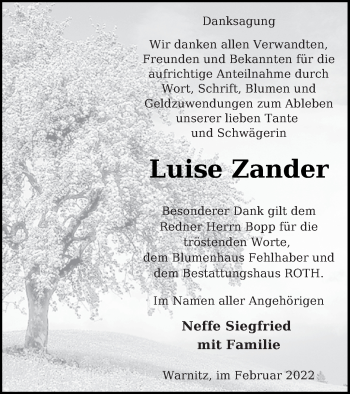 Traueranzeige von Luise Zander von Prenzlauer Zeitung