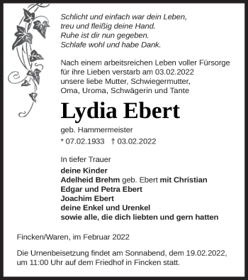 Traueranzeige von Lydia Ebert von Müritz-Zeitung