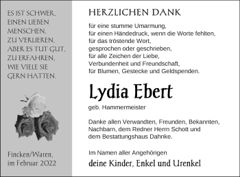 Traueranzeige von Lydia Ebert von Müritz-Zeitung