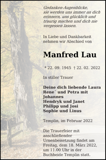Traueranzeige von Manfred Lau von Templiner Zeitung