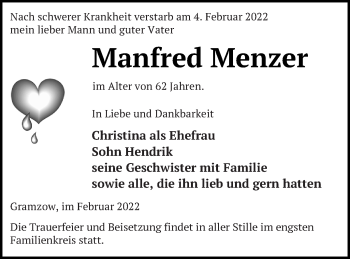 Traueranzeige von Manfred Menzer von Prenzlauer Zeitung