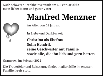 Traueranzeige von Manfred Menzner von Prenzlauer Zeitung