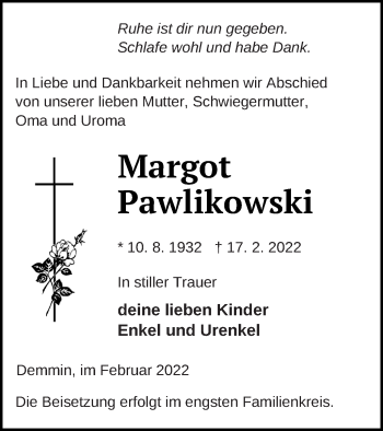 Traueranzeige von Margot Pawlikowski von Demminer Zeitung
