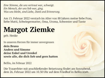 Traueranzeige von Margot Ziemke von Haff-Zeitung