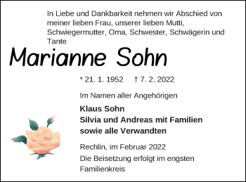 Traueranzeige von Marianne Sohn von Müritz-Zeitung