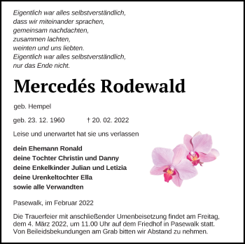 Traueranzeige von Mercedes Rodewald von Pasewalker Zeitung