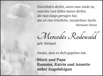 Traueranzeige von Mercedes Rodewald von Pasewalker Zeitung