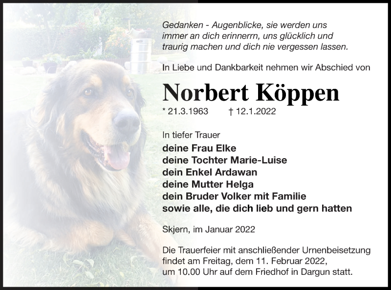  Traueranzeige für Norbert Köppen vom 08.02.2022 aus Mecklenburger Schweiz