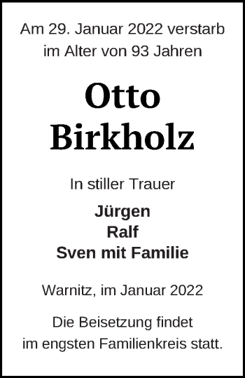 Traueranzeige von Otto Birkholz von Prenzlauer Zeitung