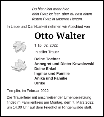 Traueranzeige von Otto Walter von Templiner Zeitung