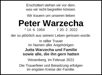 Traueranzeige von Peter Warzecha von Strelitzer Zeitung