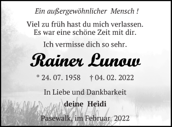 Traueranzeige von Rainer Lunow von Pasewalker Zeitung